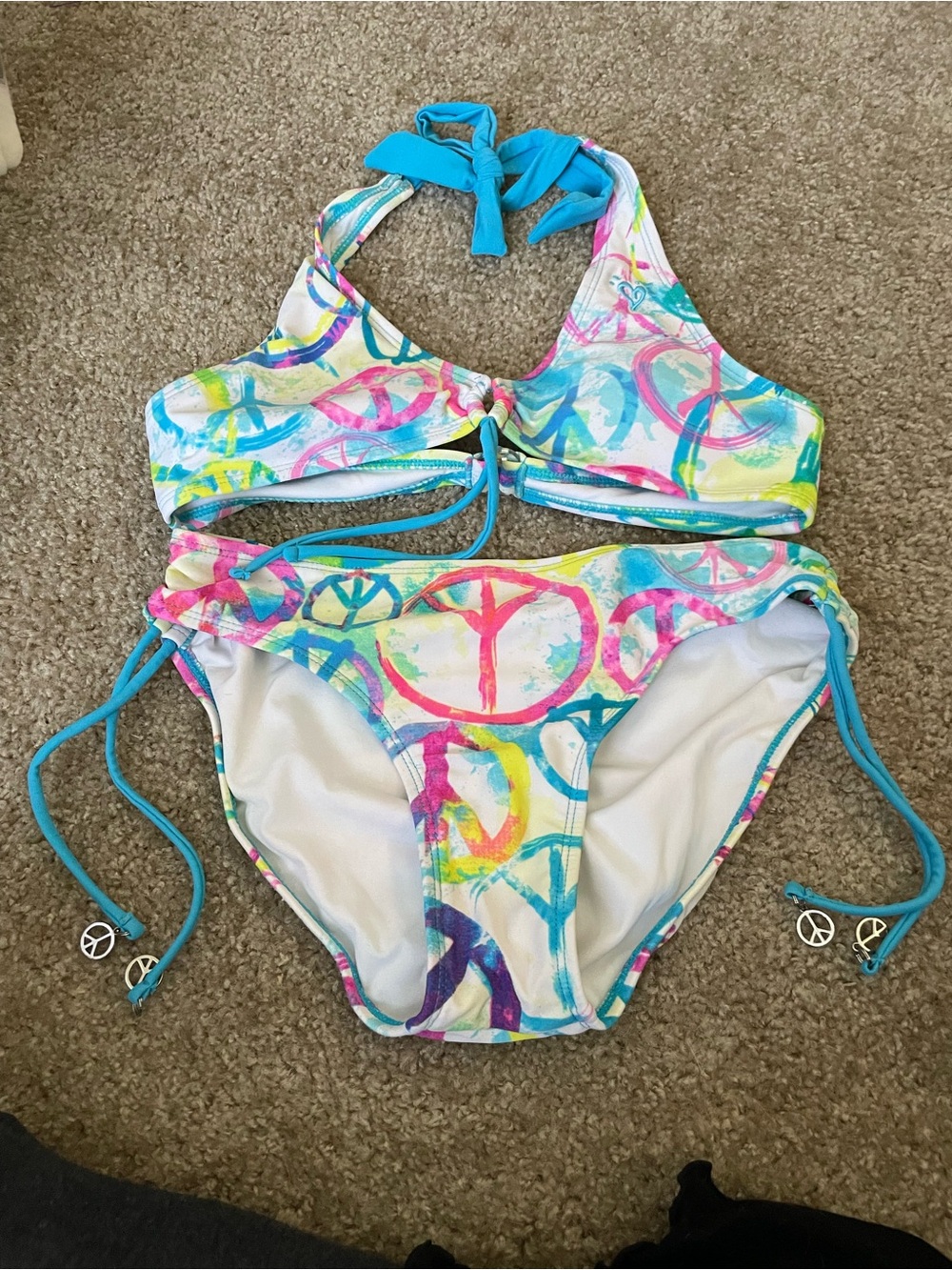 Justice Multicolor Peace Sign Bikini with Turquoise Ties